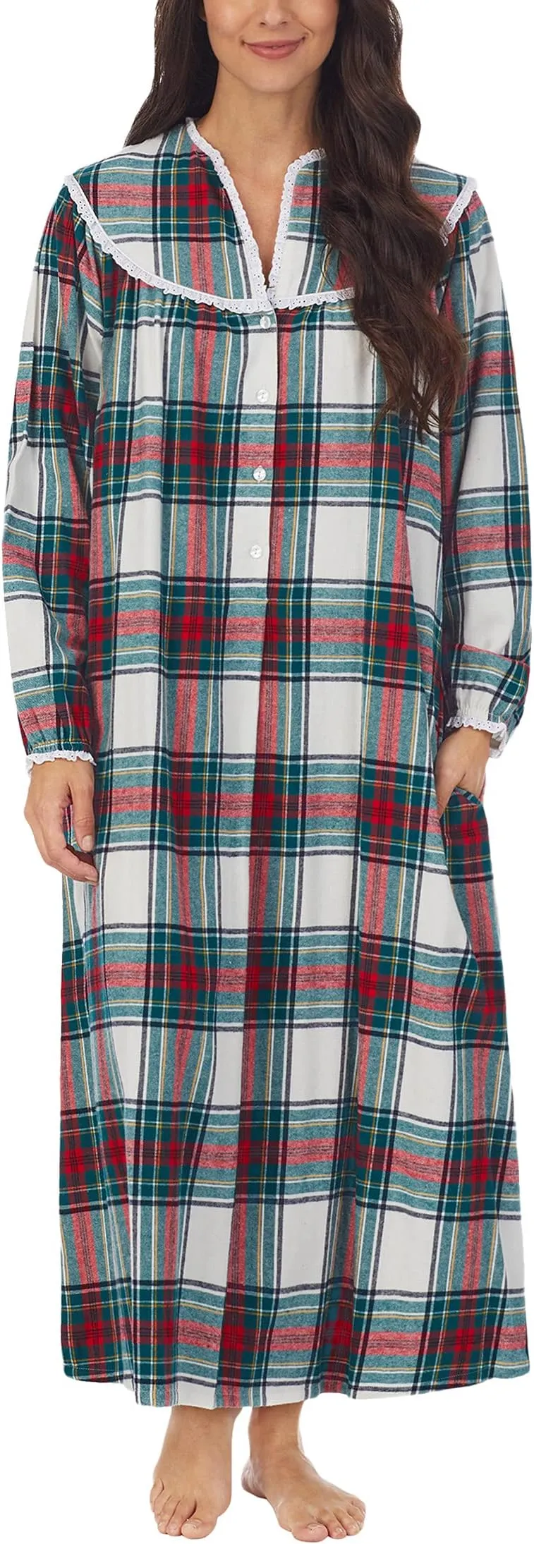 Lanz of Salzburg Classic 50" Open Neck Dress in White Plaid