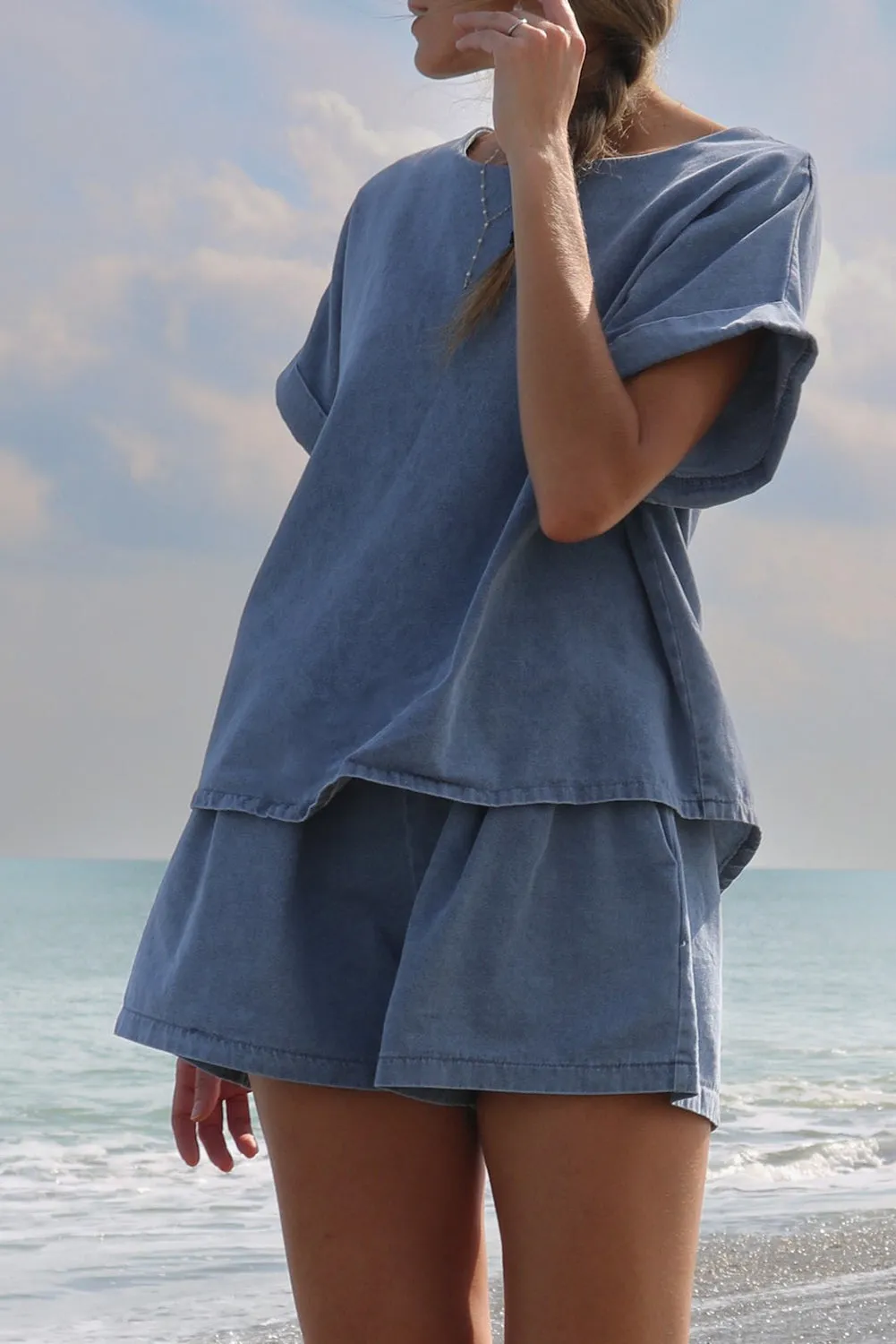 Light Blue Denim Loose Fit Tee and Shorts Set