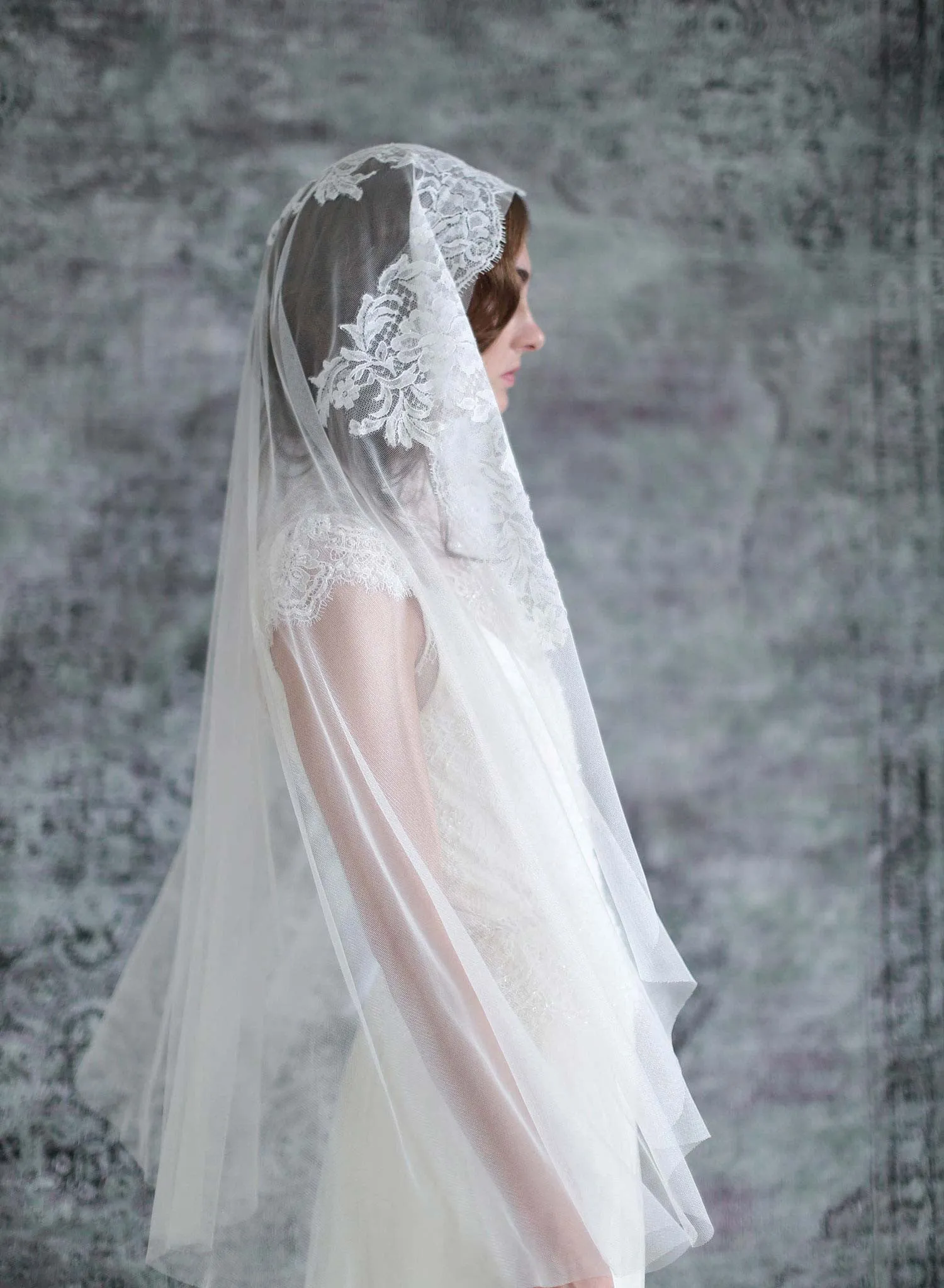 Mantilla lace trimmed veil with headband - Style #709