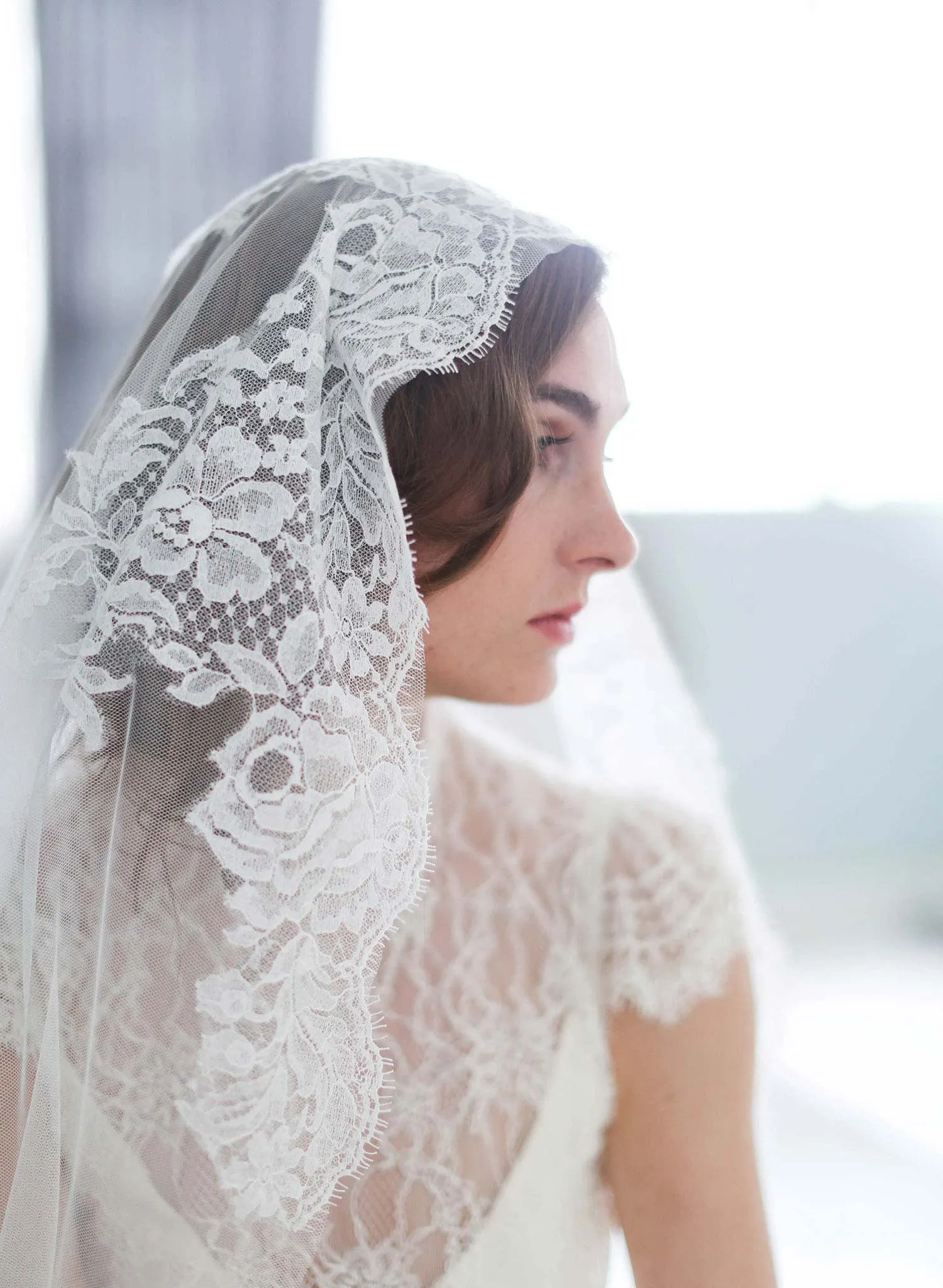 Mantilla lace trimmed veil with headband - Style #709