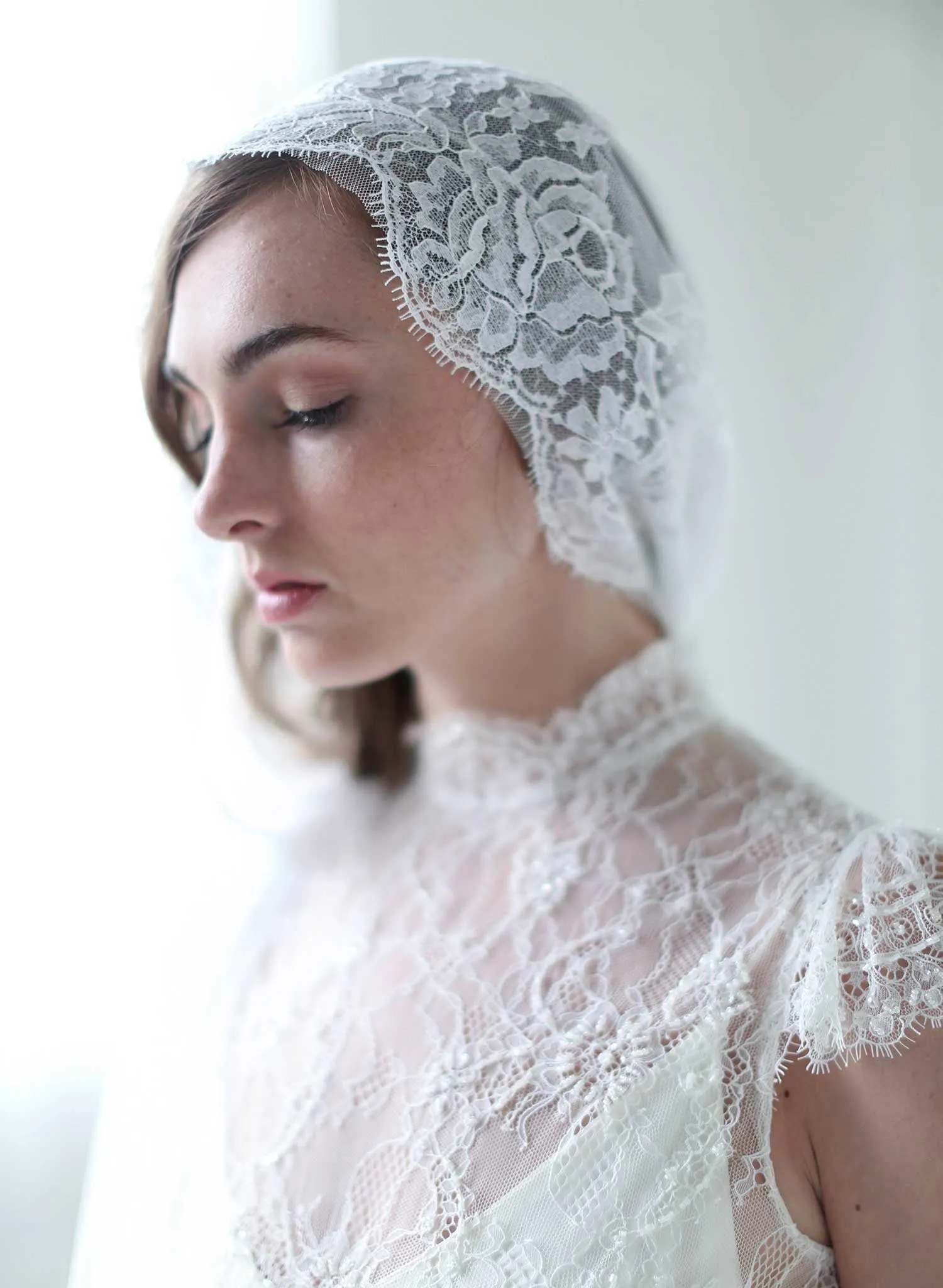 Mantilla lace trimmed veil with headband - Style #709