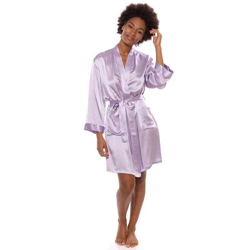 Mid Length V Neck Long Sleeves Silk Robe for Women