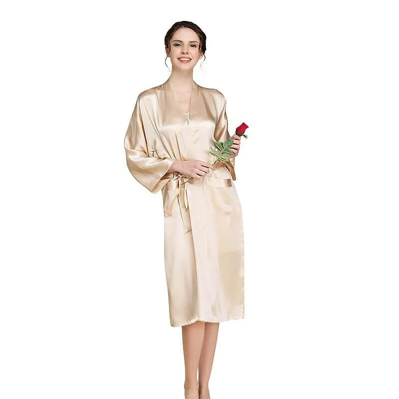 Mid Length V Neck Long Sleeves Silk Robe for Women