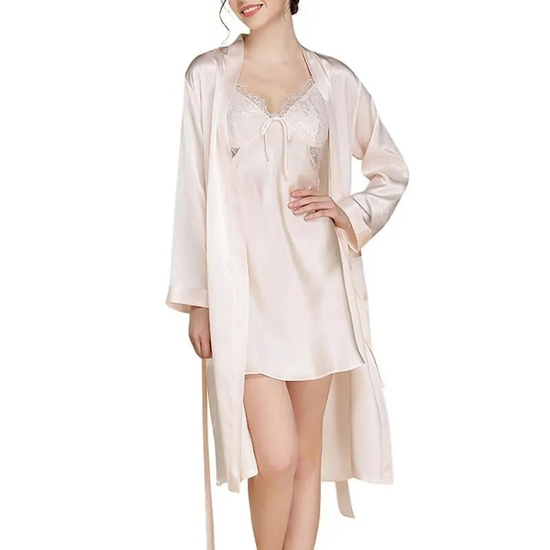 Mid Length V Neck Long Sleeves Silk Robe for Women