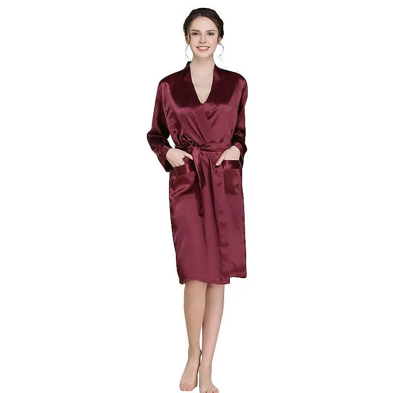 Mid Length V Neck Long Sleeves Silk Robe for Women