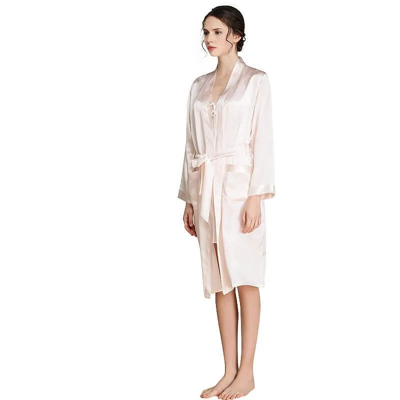 Mid Length V Neck Long Sleeves Silk Robe for Women