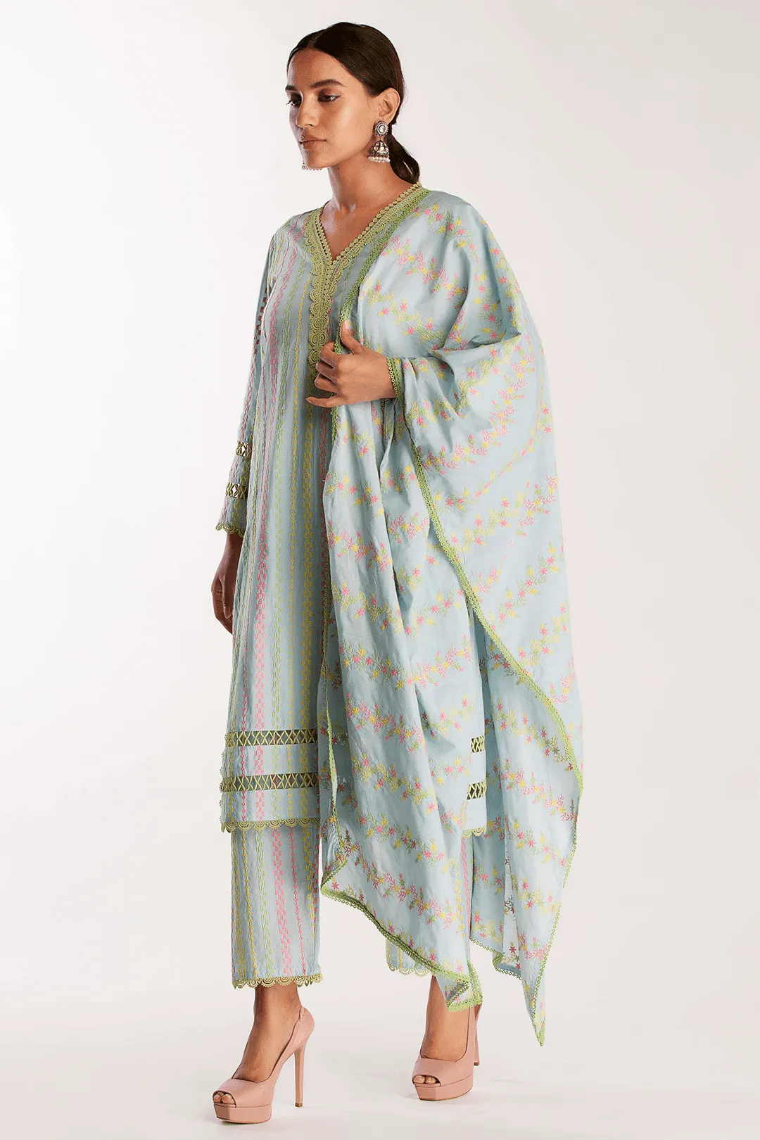 Mulmul Cotton Eva Blue Kurta With Eva Blue Pant