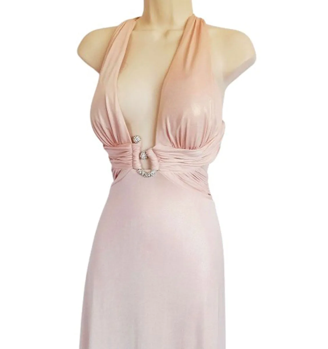 NEW WITH TAG - EXQUISITE NIGHTWAY SHIMMERING GOLDEN PINK RHINESTONE EVENING GOWN ADORNED WITH A FABULOUS BACK - NEW WITH TAG