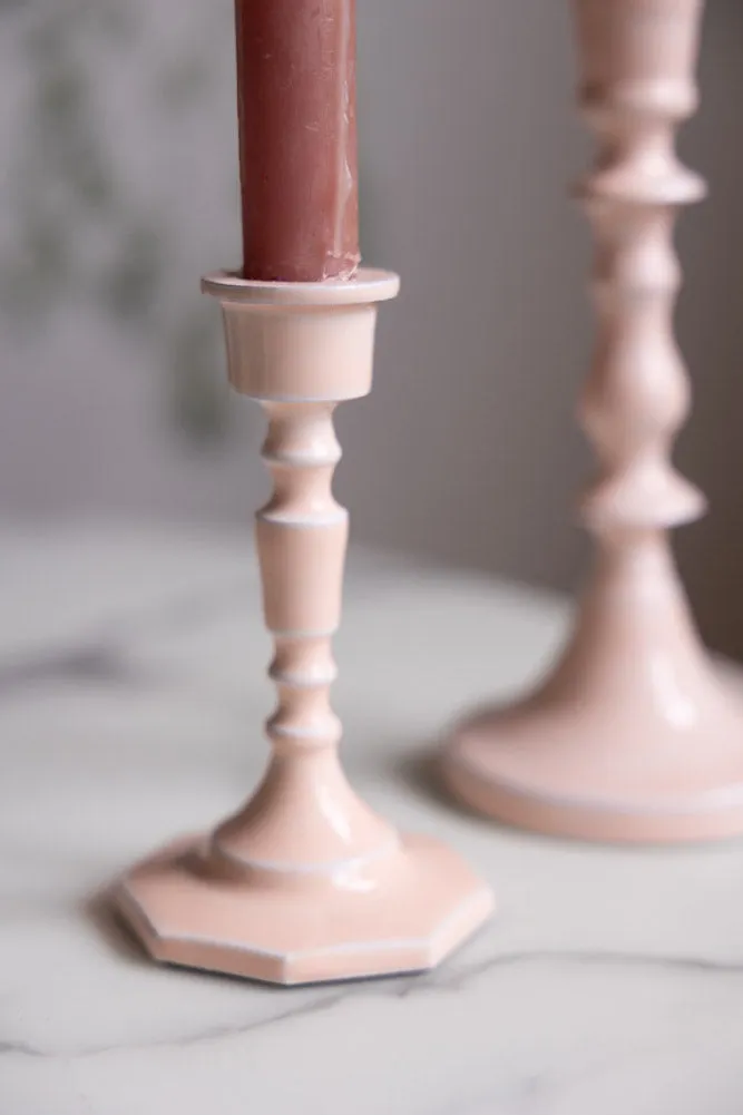 Pink Enamel Cast Style Candlestick Holder - 2 Sizes Available