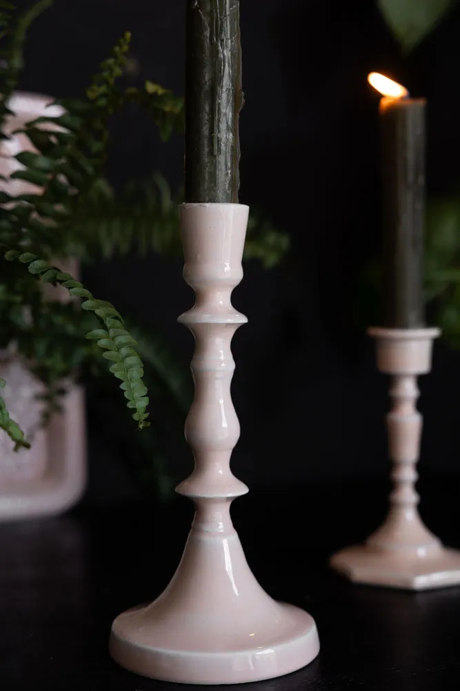 Pink Enamel Cast Style Candlestick Holder - 2 Sizes Available