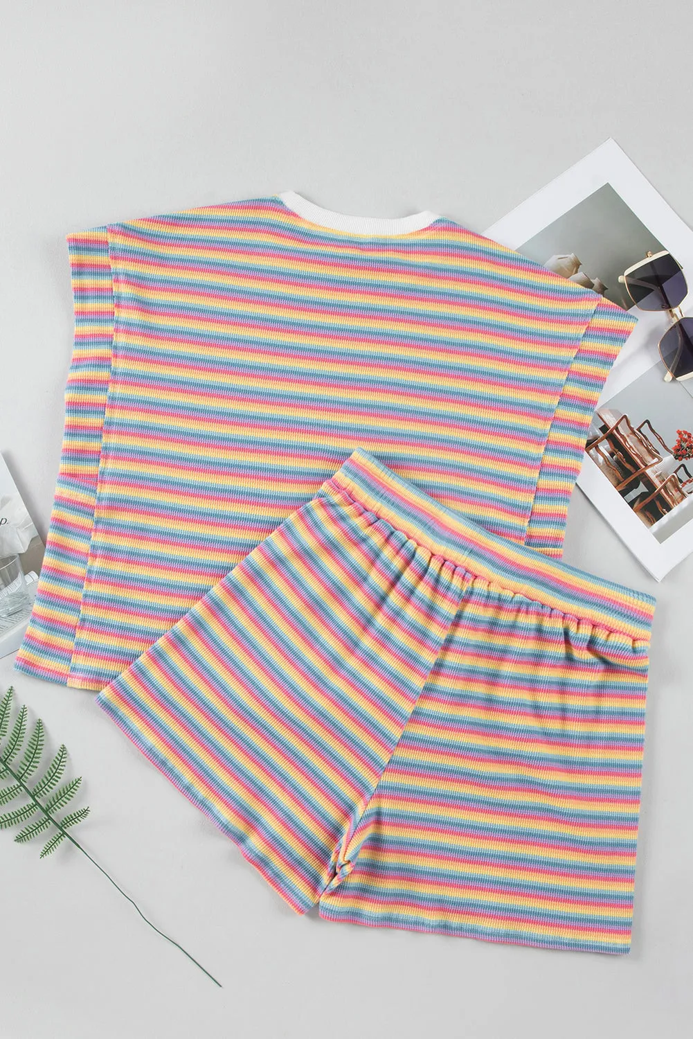 Pink Stripe Crew Neck Tee and Tasseled Drawstring Shorts Set