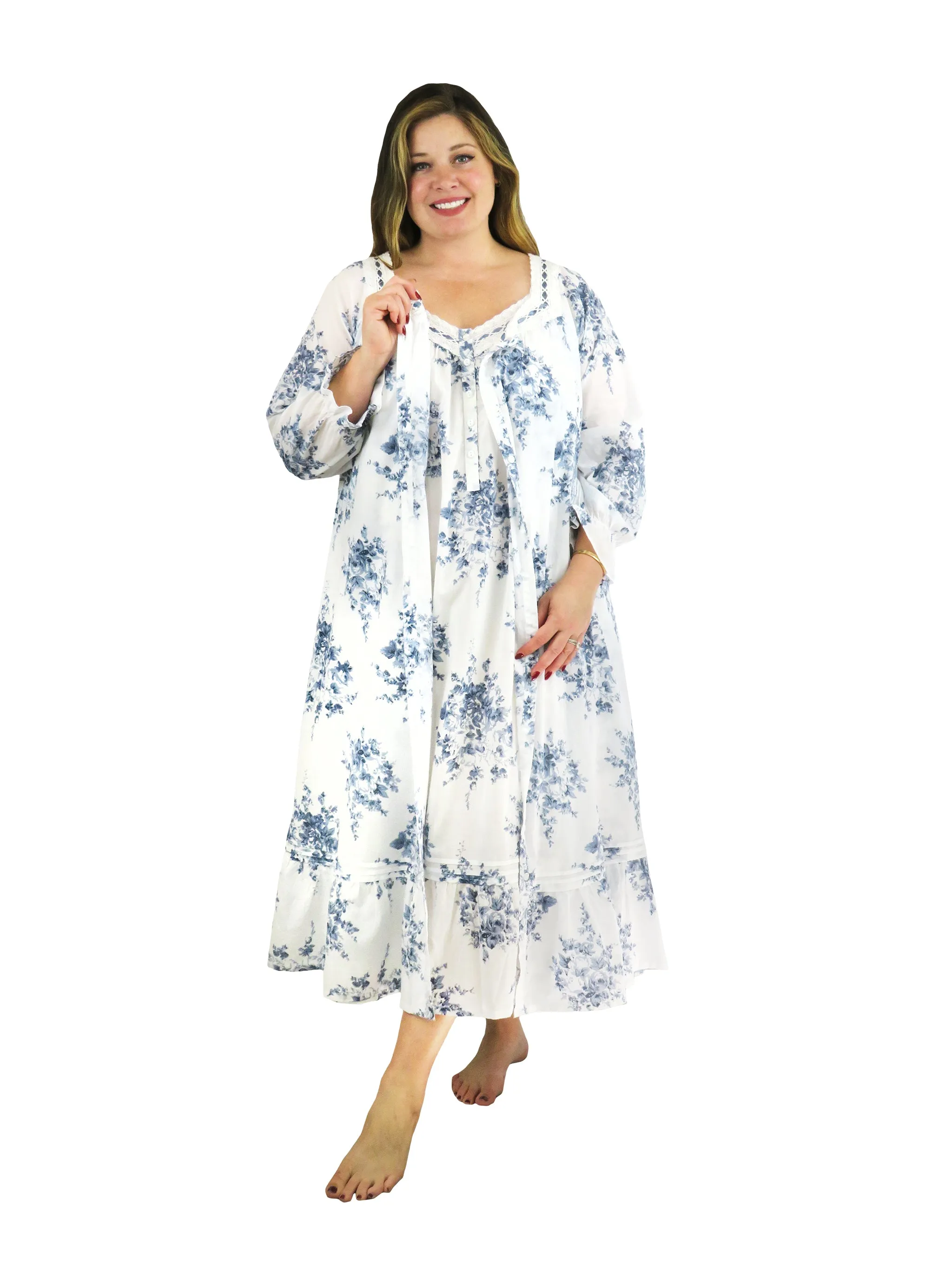 Plus Size 100% Cotton Lace Trim Flounce Robe Gown- Blue and White Floral Print