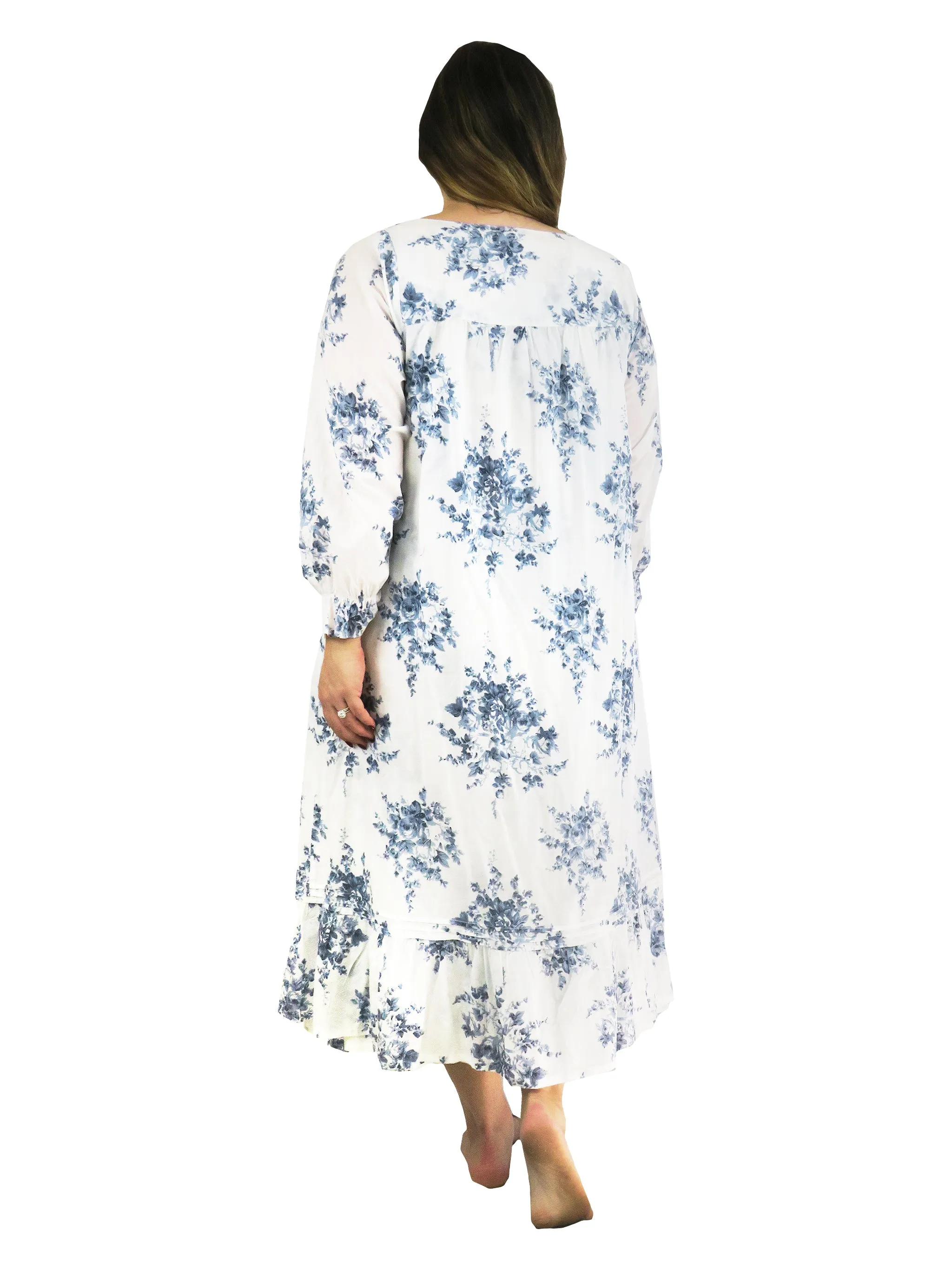 Plus Size 100% Cotton Lace Trim Flounce Robe Gown- Blue and White Floral Print