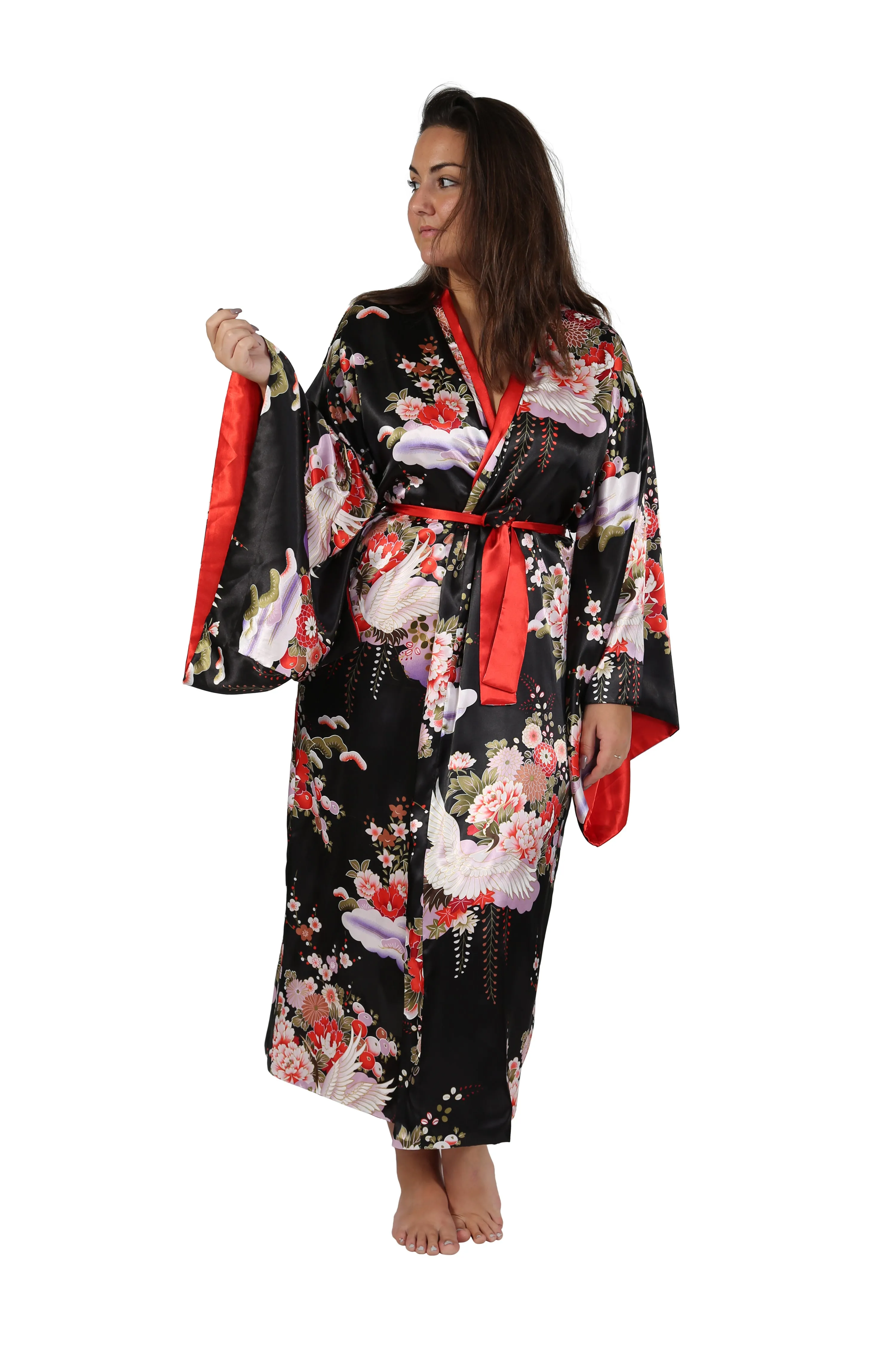 Plus Size Kimono Sleeve Floral Satin Robe