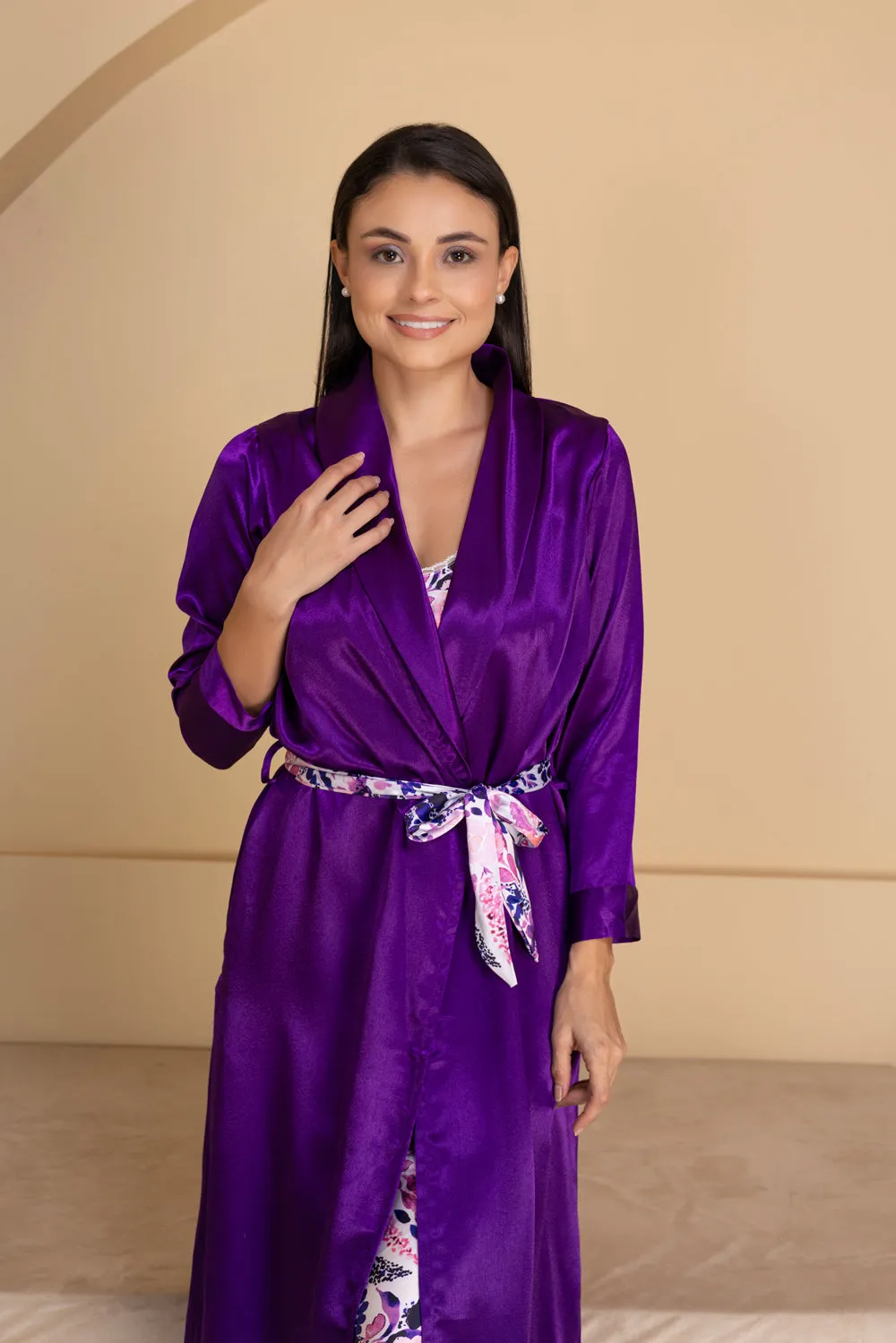 Print Satin Nightgown set in Purple