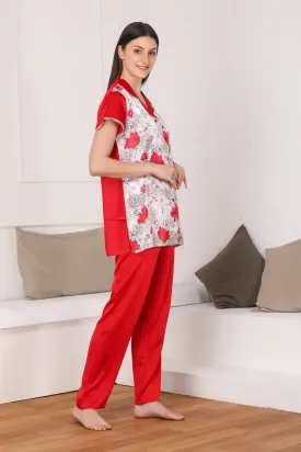 Printed Red Satin Night suit