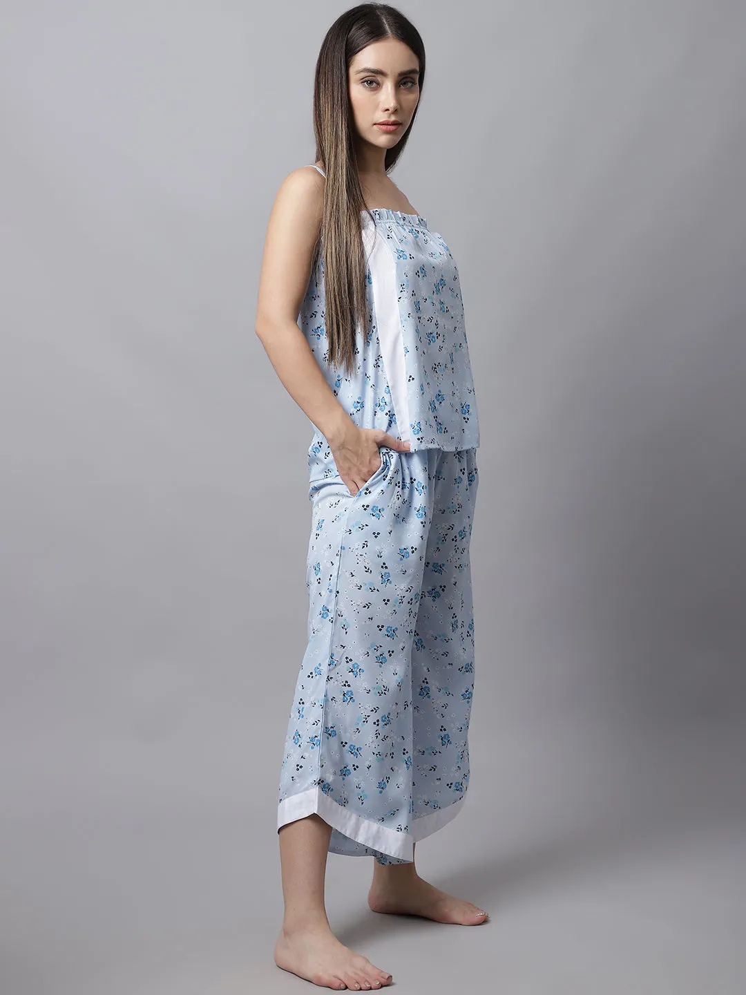 Printed Shoulder Straps Night Suit - Blue