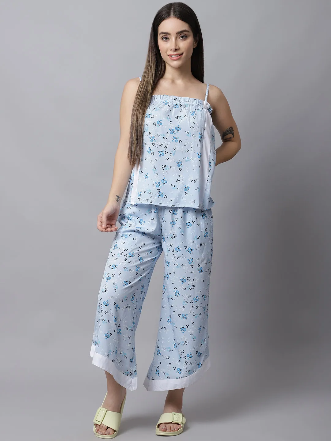 Printed Shoulder Straps Night Suit - Blue