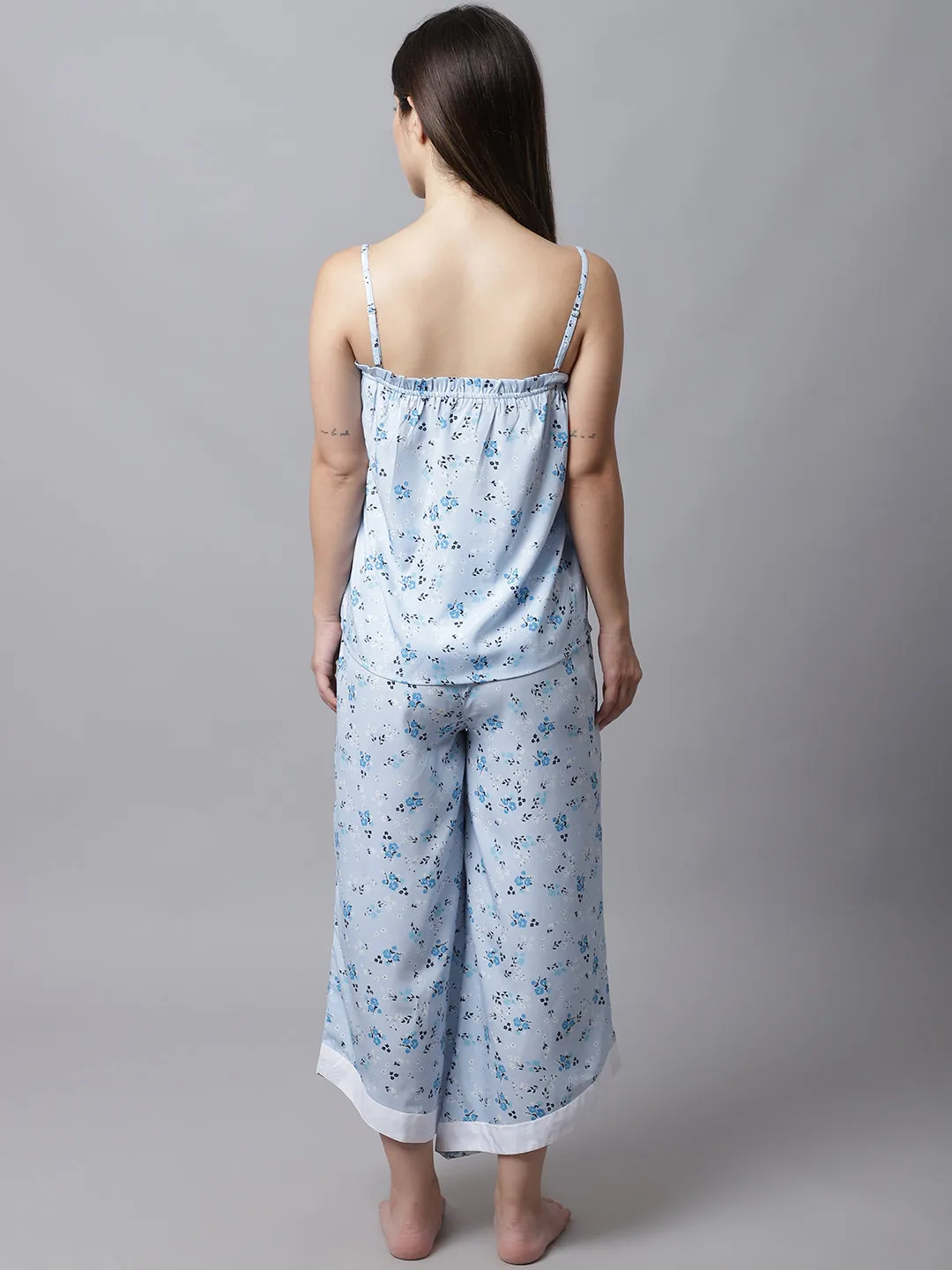 Printed Shoulder Straps Night Suit - Blue