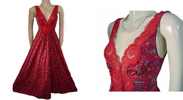 *RARE VINTAGE FLORAL OLGA SPANDEX LACE NIGHTGOWN IN RED DELICIOUS