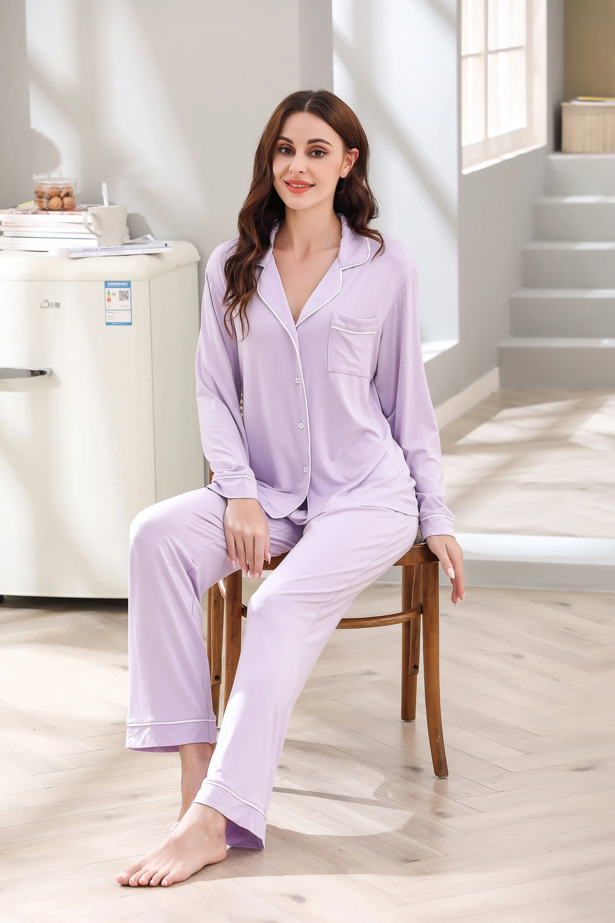 RH Women Pajamas Set Button Down Sleepwear Long Sleeve Long Pants Pj Set RHW4013