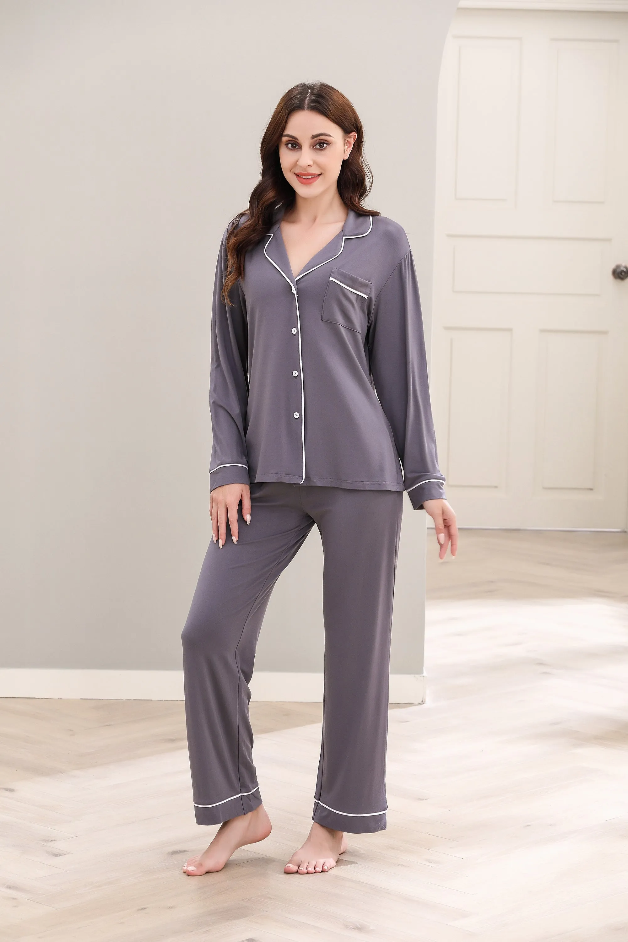 RH Women Pajamas Set Button Down Sleepwear Long Sleeve Long Pants Pj Set RHW4013