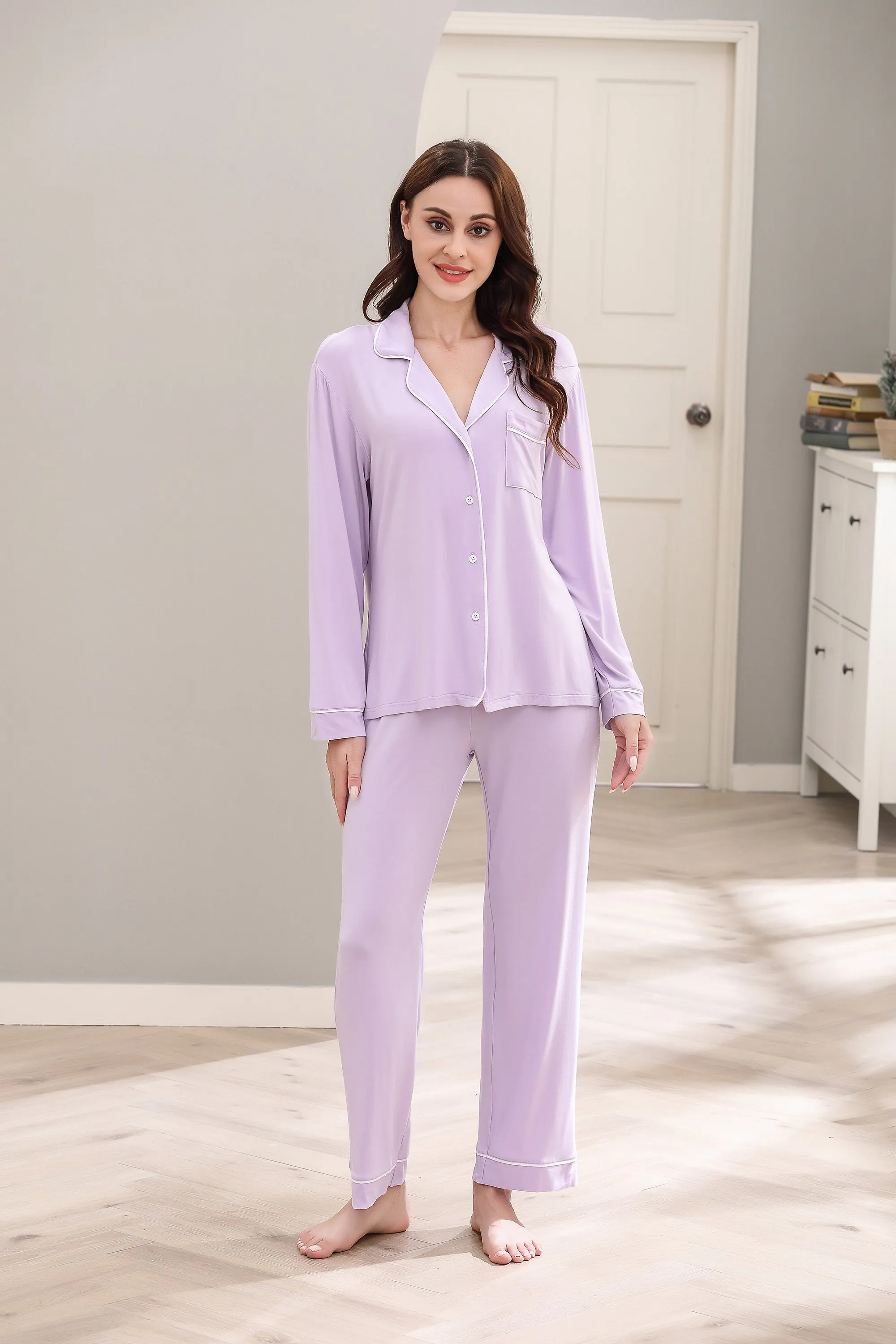 RH Women Pajamas Set Button Down Sleepwear Long Sleeve Long Pants Pj Set RHW4013