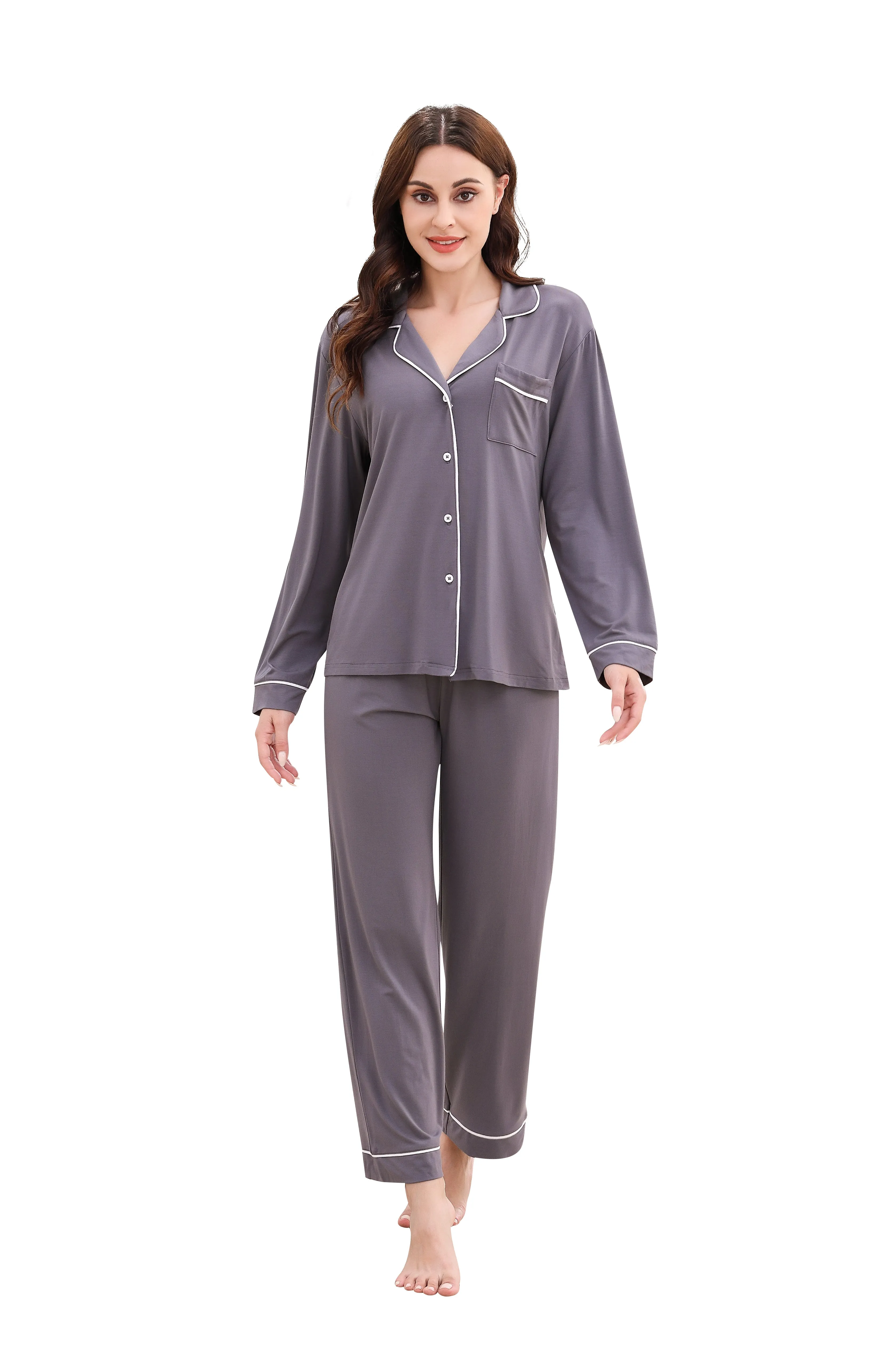 RH Women Pajamas Set Button Down Sleepwear Long Sleeve Long Pants Pj Set RHW4013