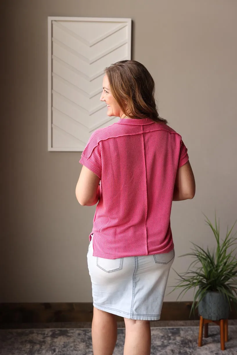 Rose Red Ribbed Short Sleeve Top