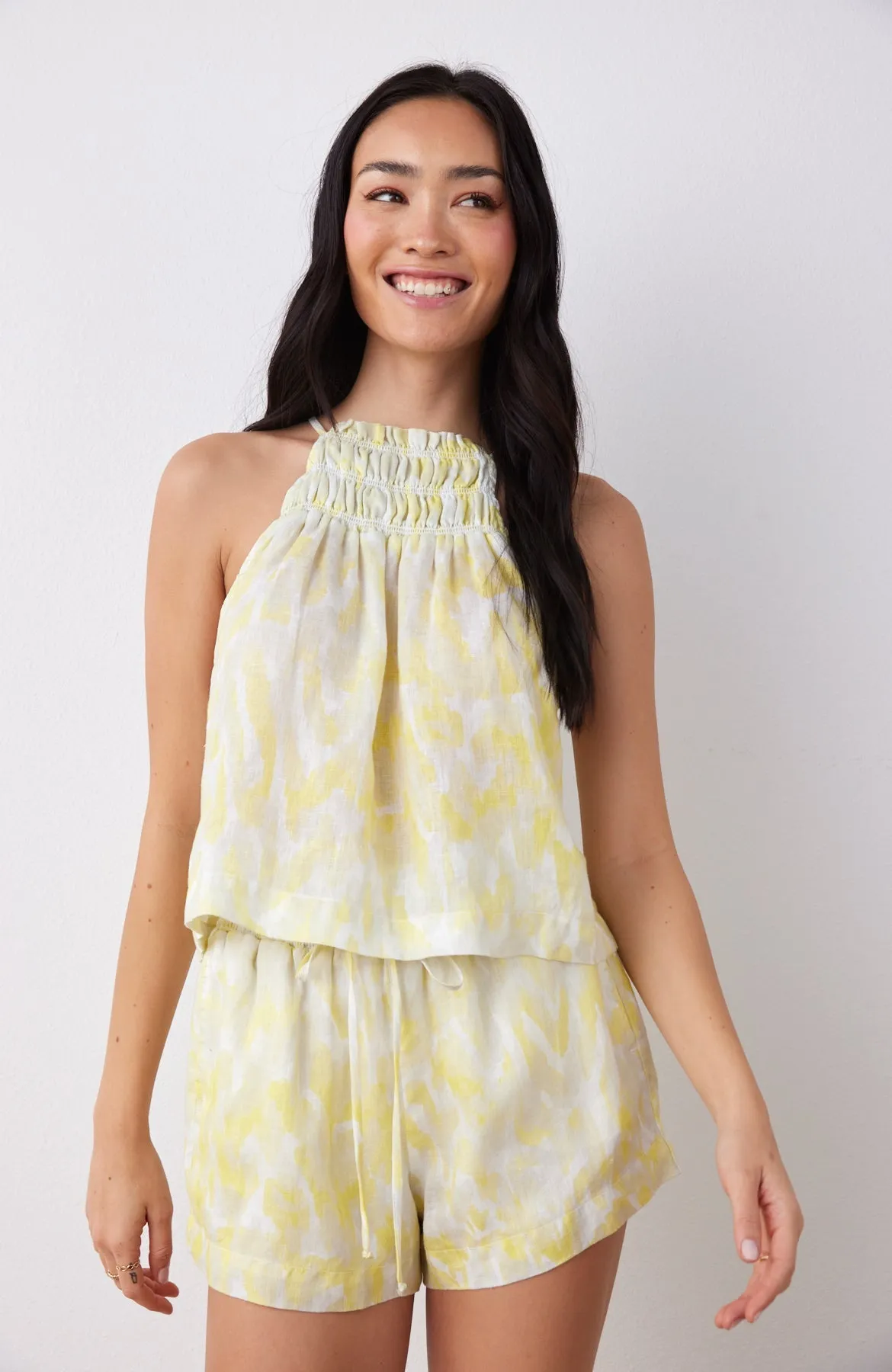 Ruffle Waist Linen Short - Layered Spots Print