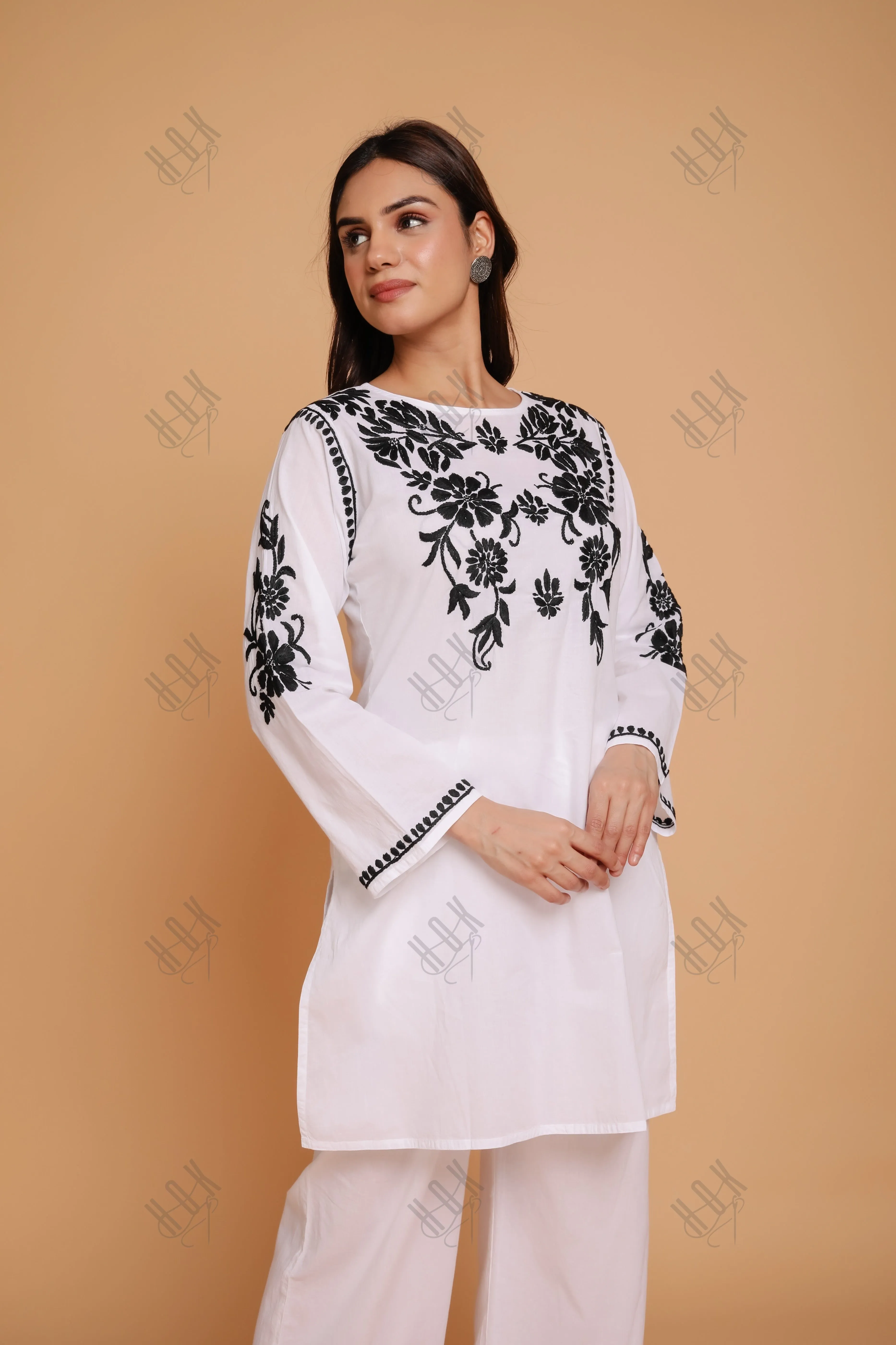 Saba Chikankari Co-ord Set in Cotton Cambric - White With Black