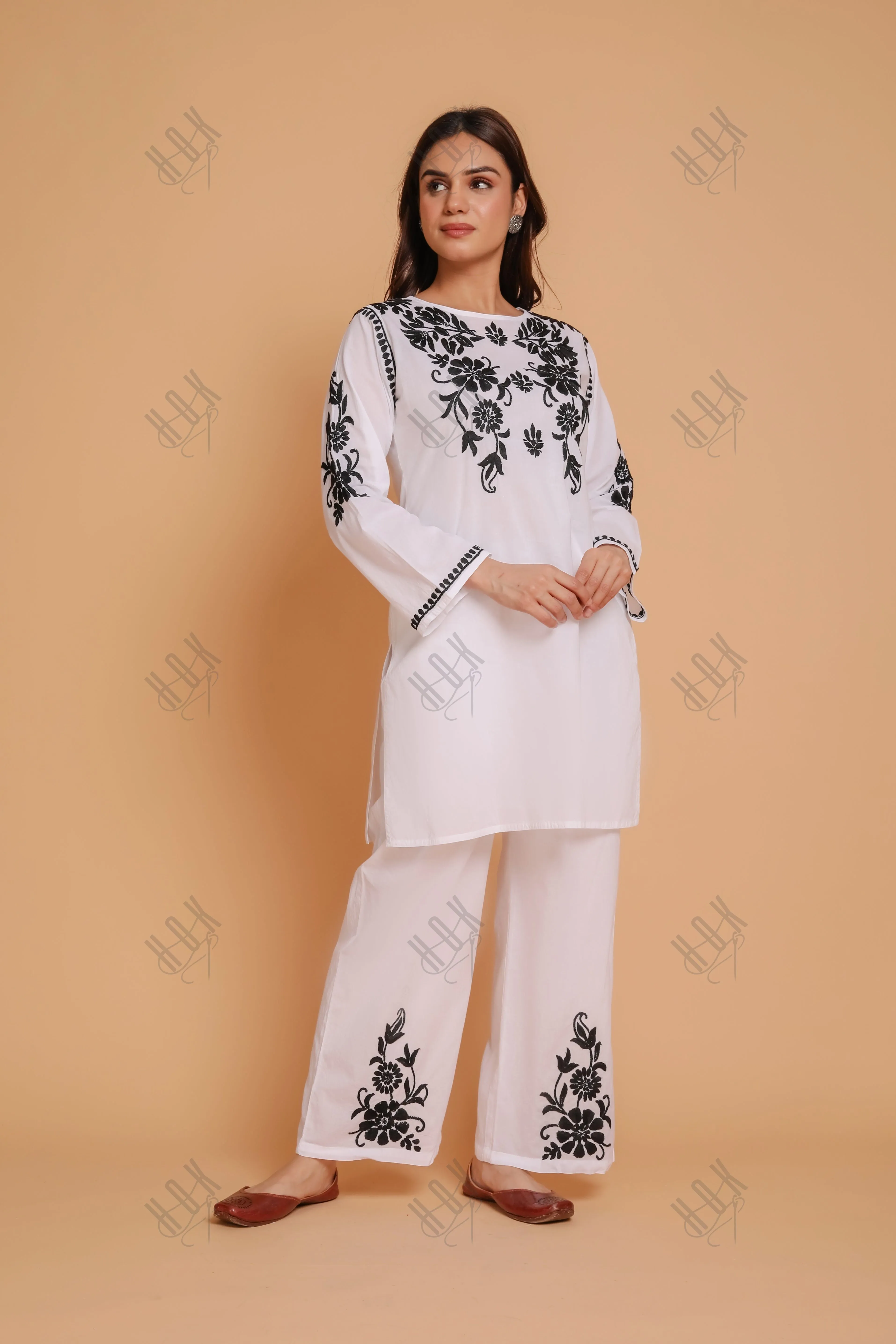 Saba Chikankari Co-ord Set in Cotton Cambric - White With Black