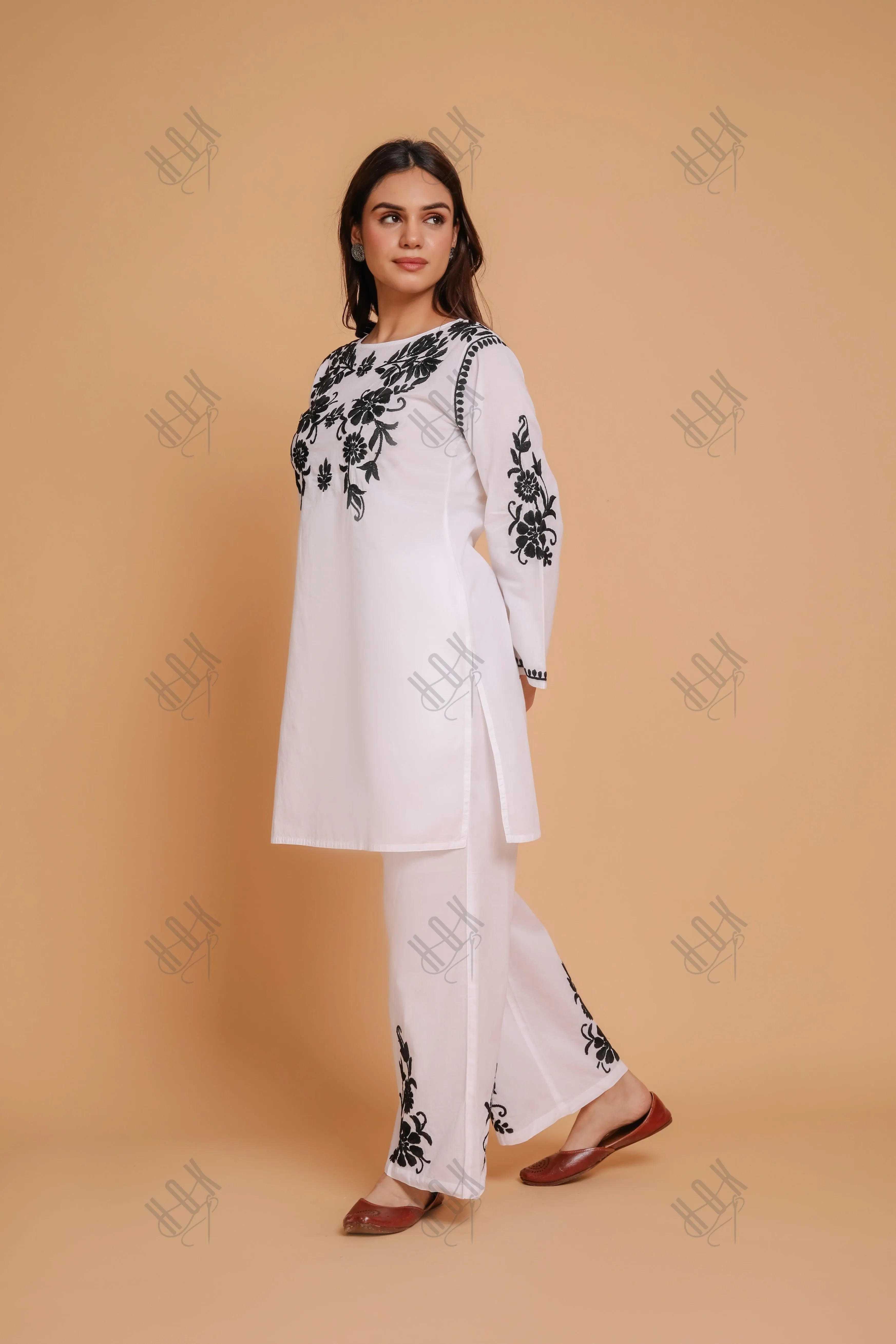 Saba Chikankari Co-ord Set in Cotton Cambric - White With Black