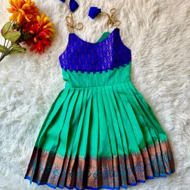 Serenity Elegance: Sea Green and Royal Blue Shoulder Tie Frock