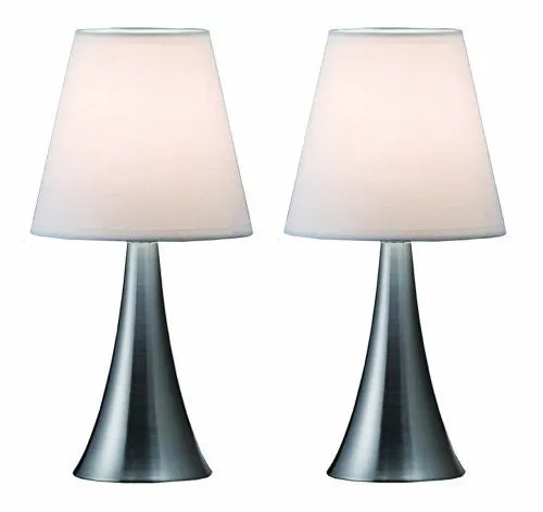 SIMPLE DESIGNS LT2014-WHT-2PK VALENCIA BRUSHED NICKEL MINI TOUCH TABLE LAMPS WITH FABRIC SHADES, WHITE (PACK OF 2)