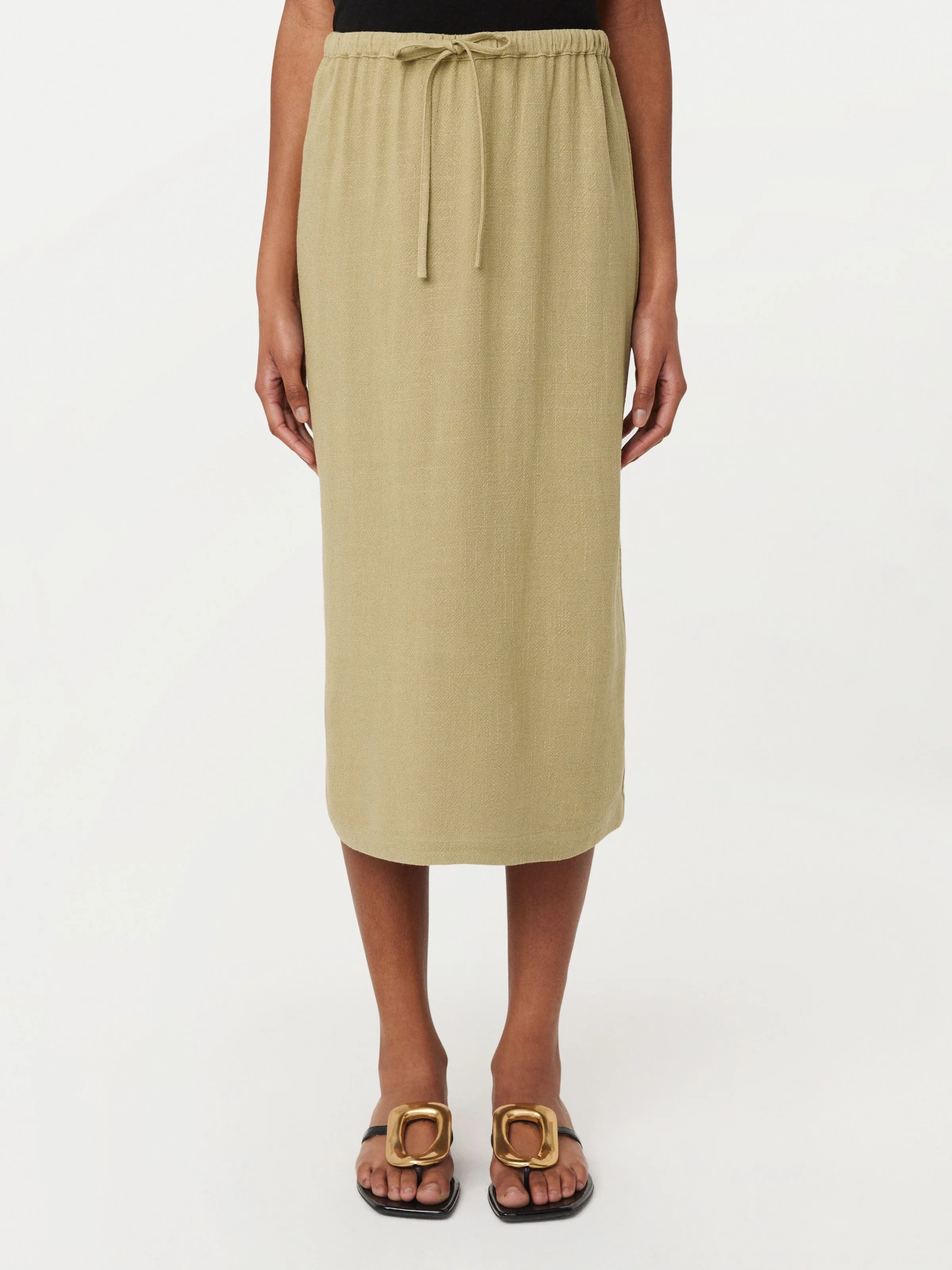 The Midi Linen Blend Skirt in Green Beige