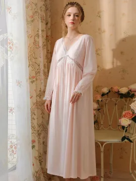 Victorian Nightgown, Cotton Long Sleeve V-Neck Vintage Princess Nightgown