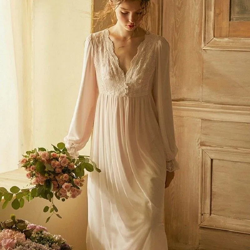 Victorian Nightgown, Vintage White Cotton Women's  Long Nightgown, Long Sleeve Royal Nightdress