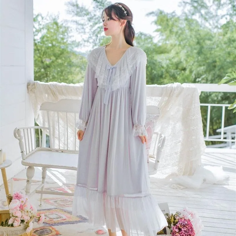 Victorian Vintage Women's Long Nightgowns, Long Sleeve Soft Lace Spring Autumn Loose Nightdress