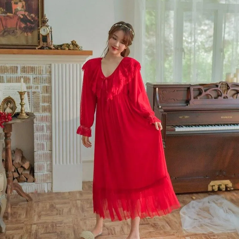 Victorian Vintage Women's Long Nightgowns, Long Sleeve Soft Lace Spring Autumn Loose Nightdress