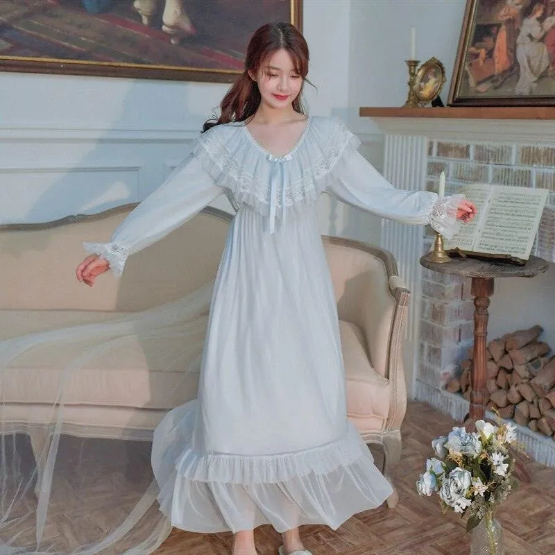 Victorian Vintage Women's Long Nightgowns, Long Sleeve Soft Lace Spring Autumn Loose Nightdress