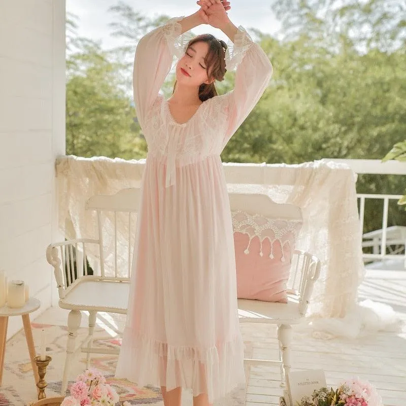 Victorian Vintage Women's Long Nightgowns, Long Sleeve Soft Lace Spring Autumn Loose Nightdress