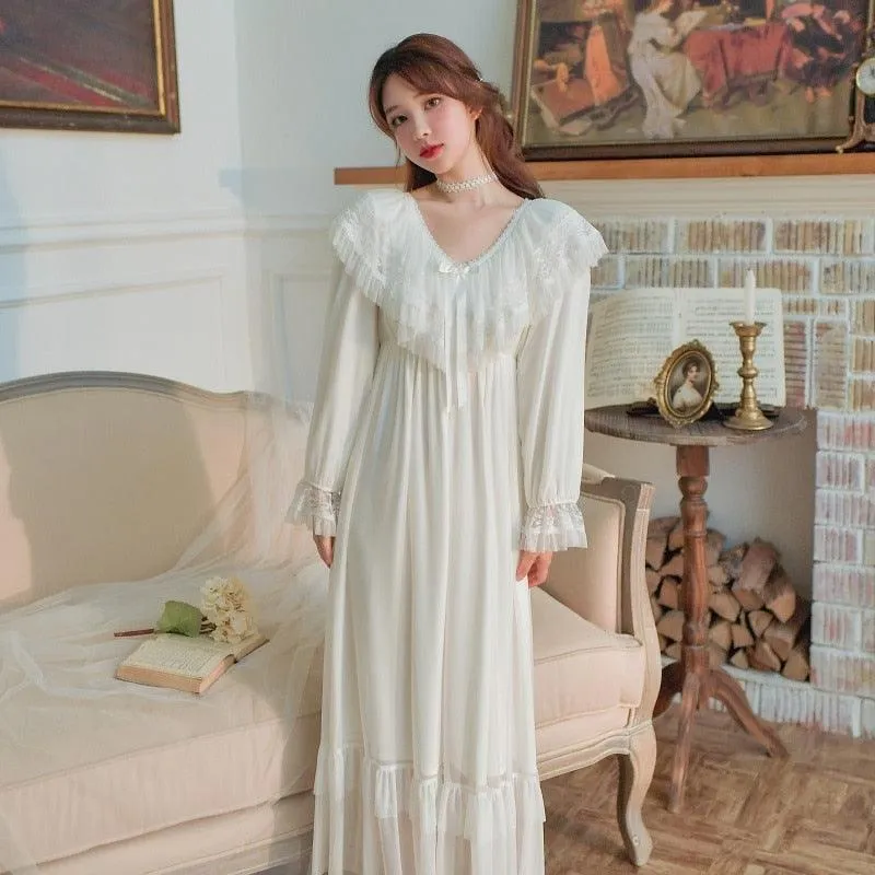 Victorian Vintage Women's Long Nightgowns, Long Sleeve Soft Lace Spring Autumn Loose Nightdress