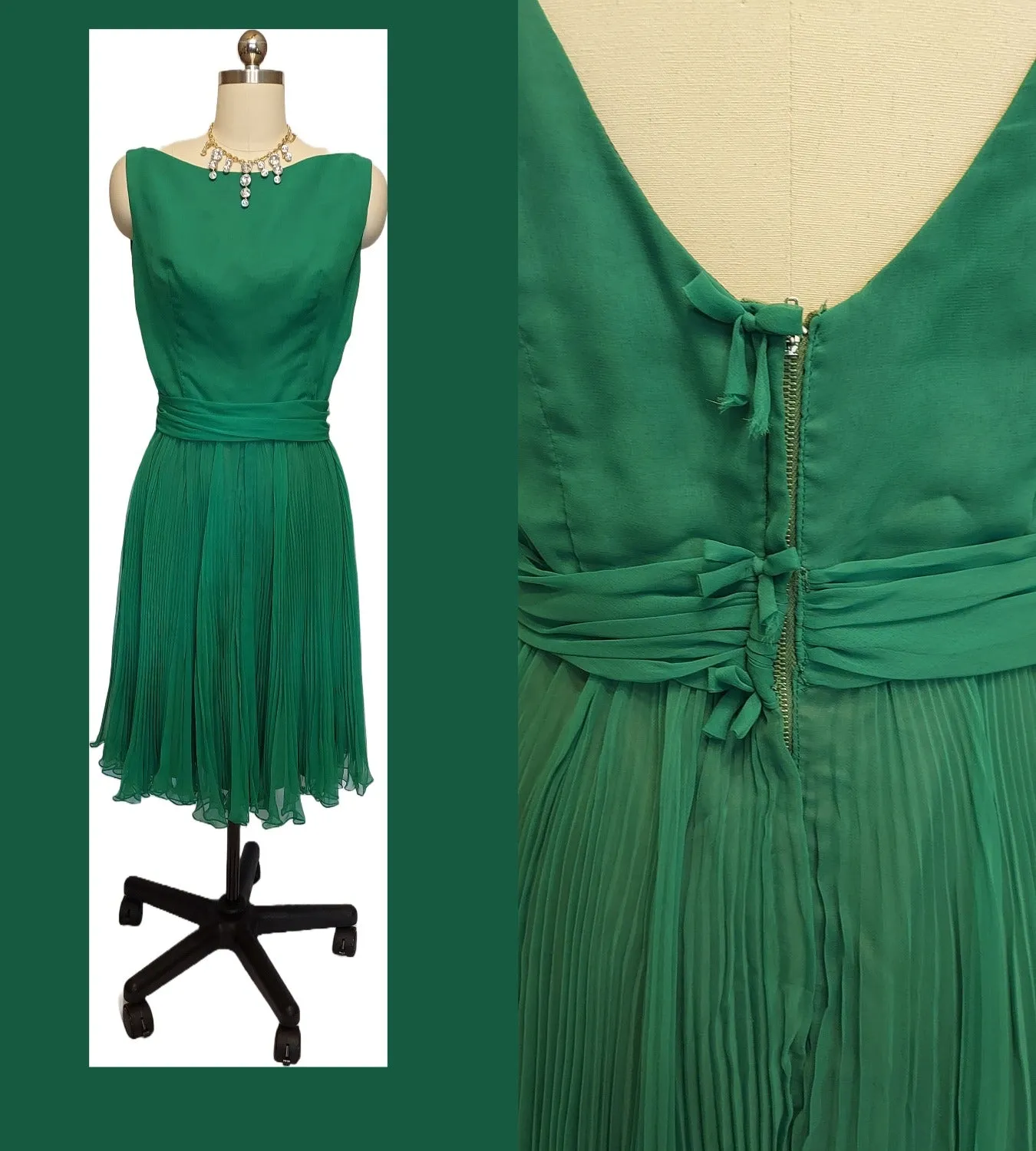 *VINTAGE '50s /  '60s PLEATED PARTY DRESS WITH CUMMERBUND IN EMERALD GREEN