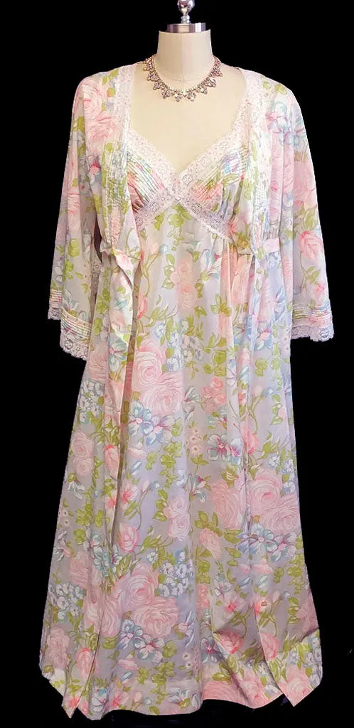 *VINTAGE '60s/ '70s KOMAR SPRING & SUMMER PINK & GREEN FLORAL LACE PEIGNOIR WITH PAGODA SLEEVES & NIGHTGOWN SET