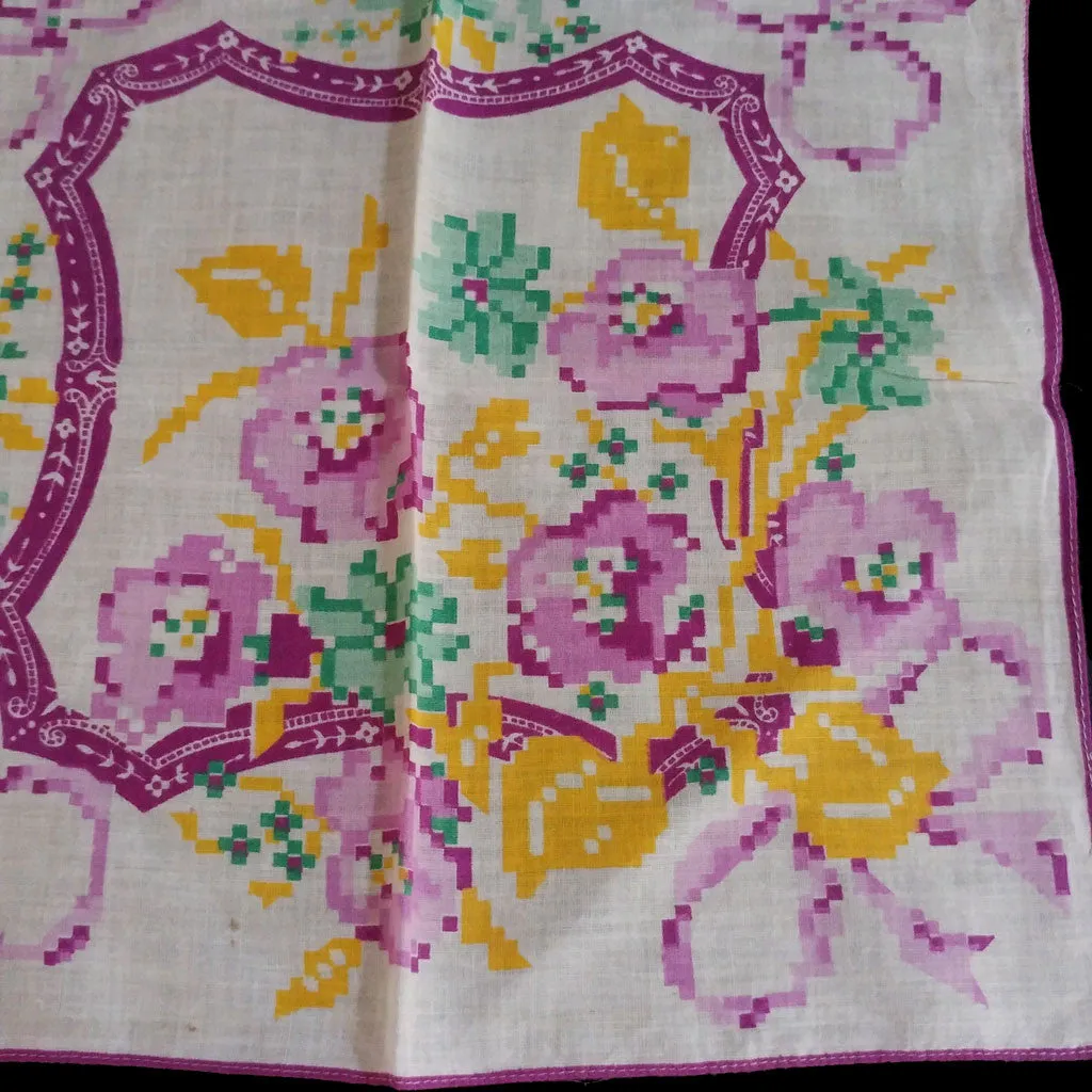 *VINTAGE NEEDLEPOINT LOOK PANSY BOUQUET HANDKERCHIEF