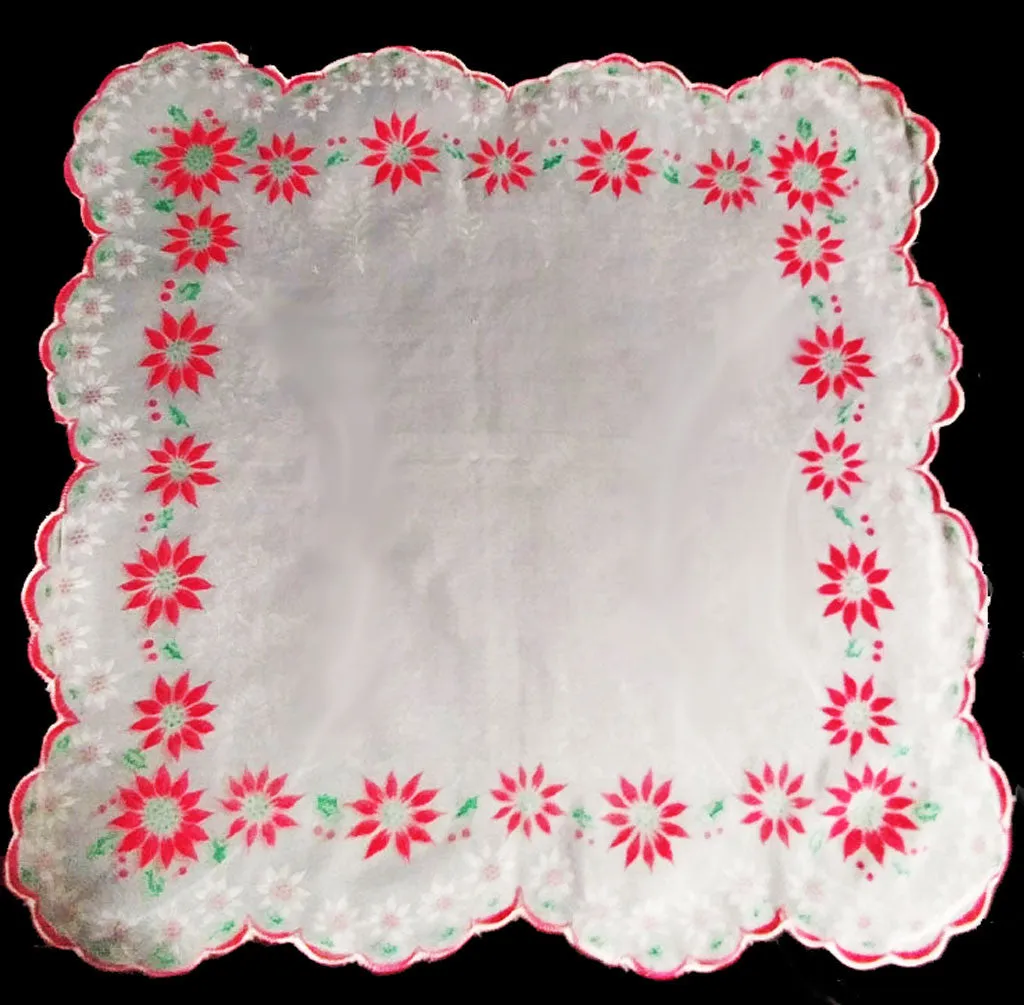 *VINTAGE UNIQUE '50s/ '60s SCALLOPED FLOCKED CHRISTMAS POINSETTIAS WITH HOLLY BERRY LEAVES HANDKERCHIEF