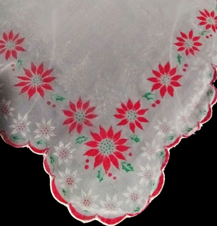 *VINTAGE UNIQUE '50s/ '60s SCALLOPED FLOCKED CHRISTMAS POINSETTIAS WITH HOLLY BERRY LEAVES HANDKERCHIEF