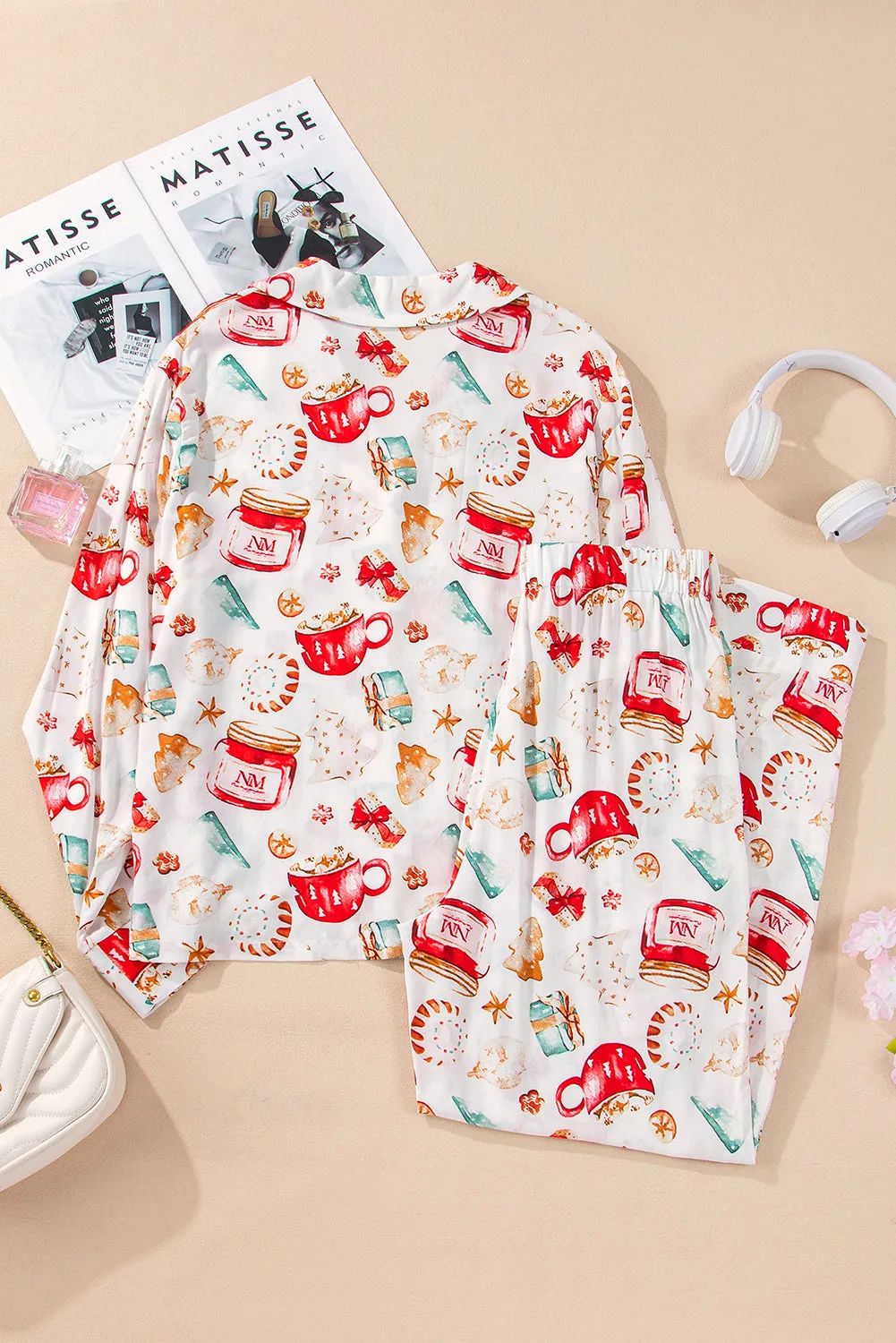 White Christmas Pattern Long Sleeve Shirt and Pants Pajama Set