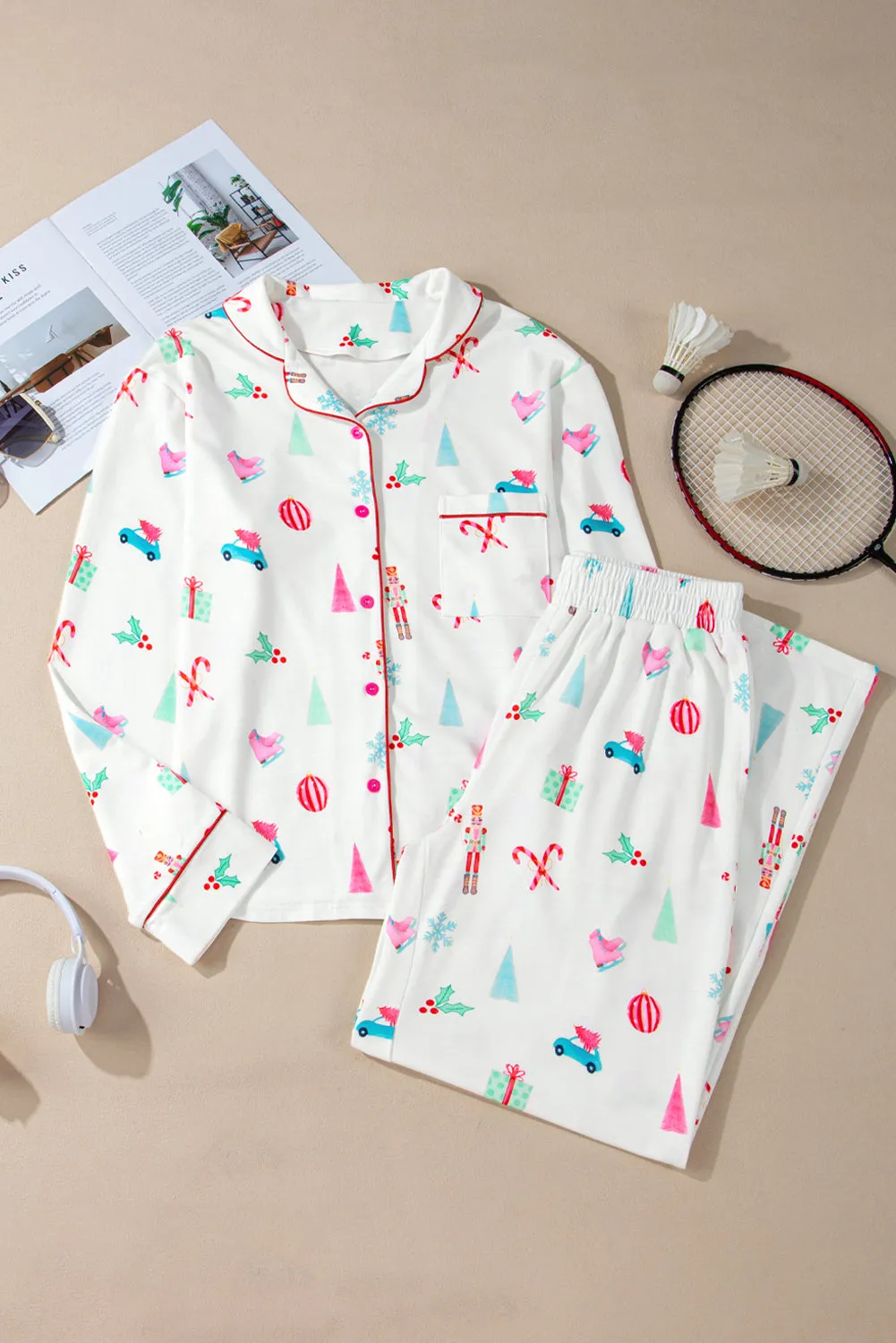 White Christmas Print Lapel Shirt and Pants Sleepwear